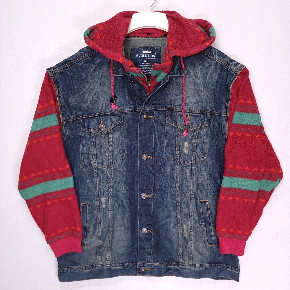 Evolution In Design Denim Jacket 5XL Red Aztec Fleece Hooded Distressed Blue